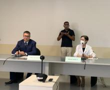2022.07.20 Some moments of the press conference on the occasion of the donation by the company DEKA, world leader in the production of lasers and medical instruments, to the Complex Operating Unit of Obstetrics and Gynecology of the State Hospital of the Republic of San Marino of a new electro-medical device. In the presence of the General Director of the Hospital Francesco Bevere, the Director of the UOC of Obstetrics Miriam Farinelli and the Head of the Functional Module of Gynecological Endoscopy Maurizio Filippini, the President of DEKA Paolo Salvadeo delivered the new electromagnetic chair DR. ARNOLD, one of the flagships of the Florentine firm's production, for the treatment of pathologies of the Lower Genital Tract.